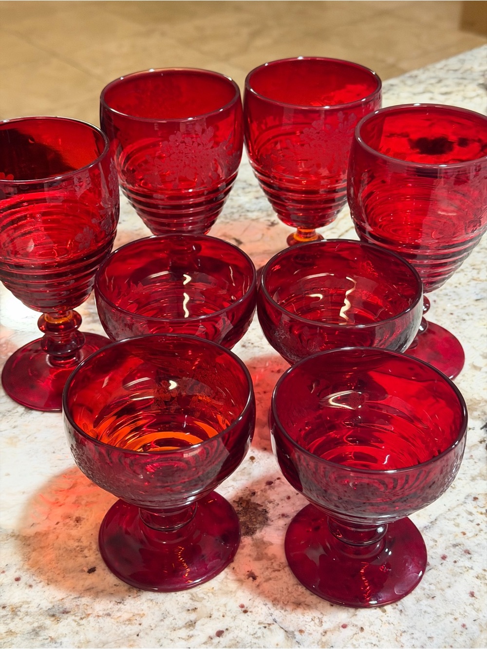Vtg Ruby Red Etched Floral Glassware Set of 8 Goblets & Sherbet Glasses Elegant